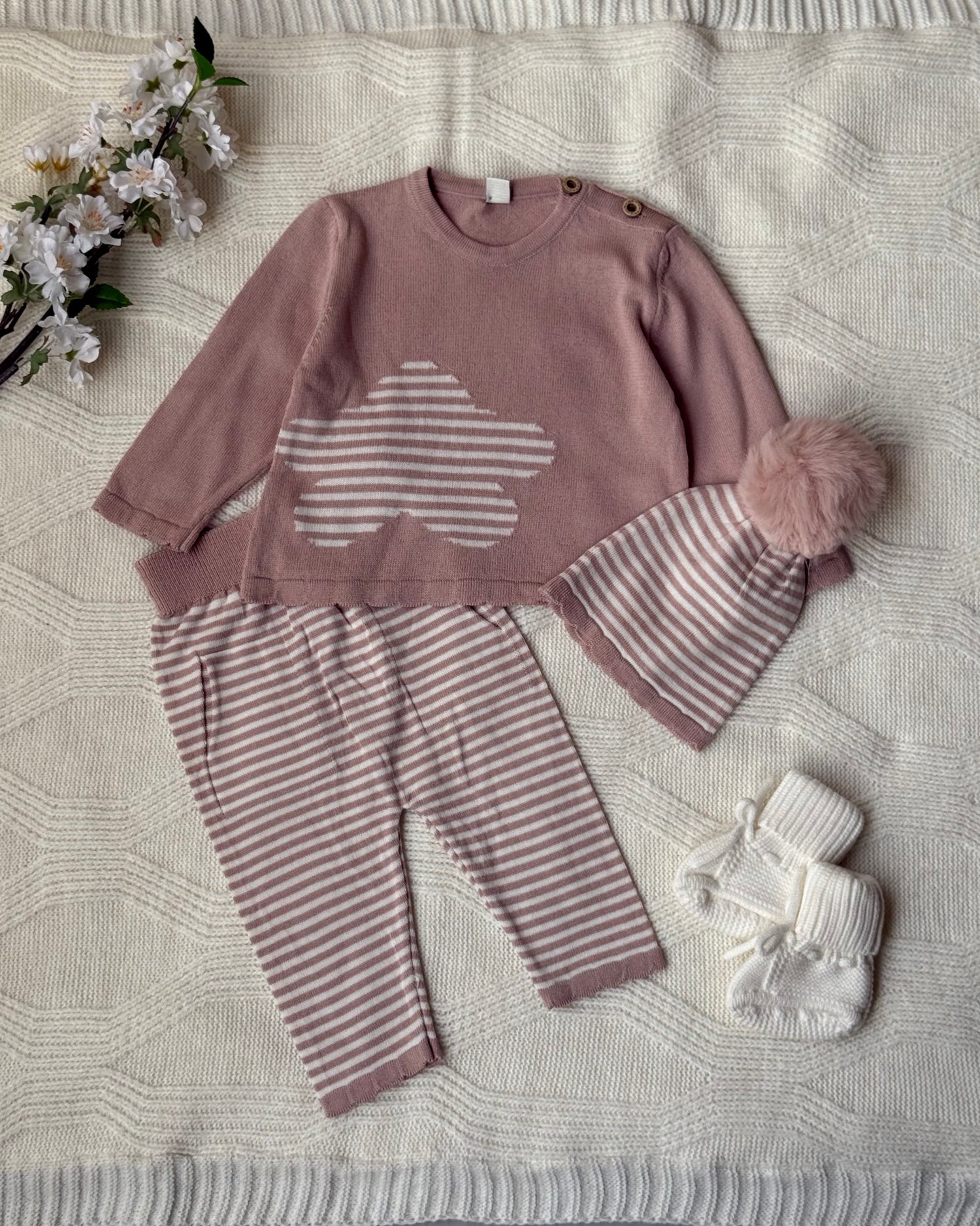 striped flower pink knitted set
