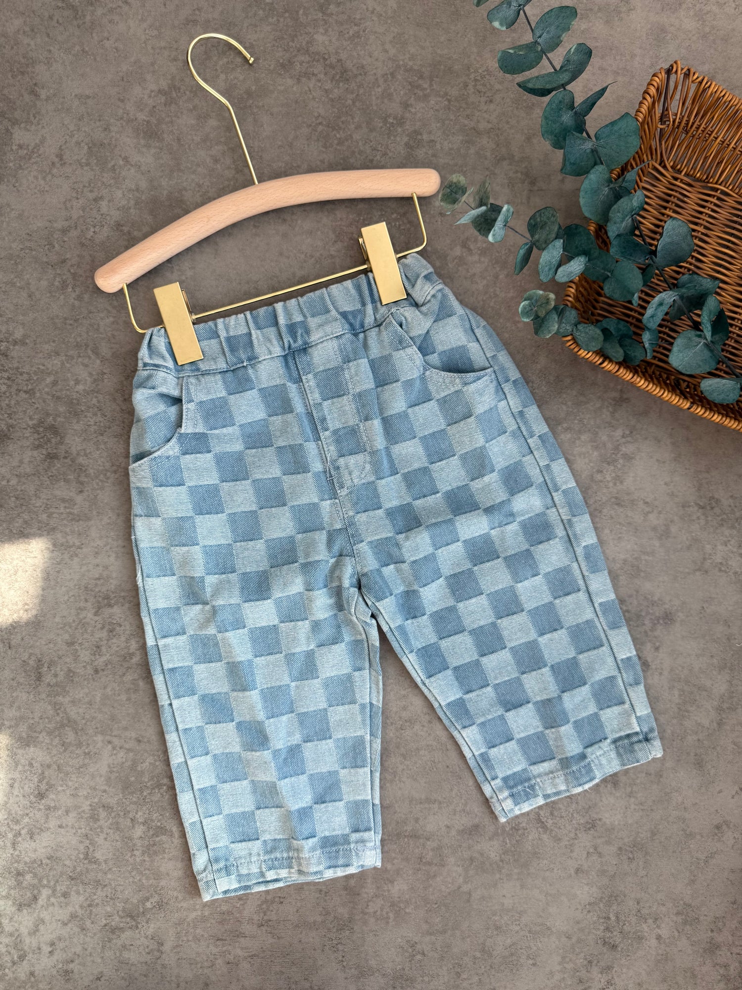 Checkered denim pants